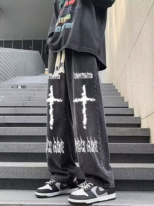 Printed Black Baggy Jeans Pants Men Straight Oversize | SAMAG
