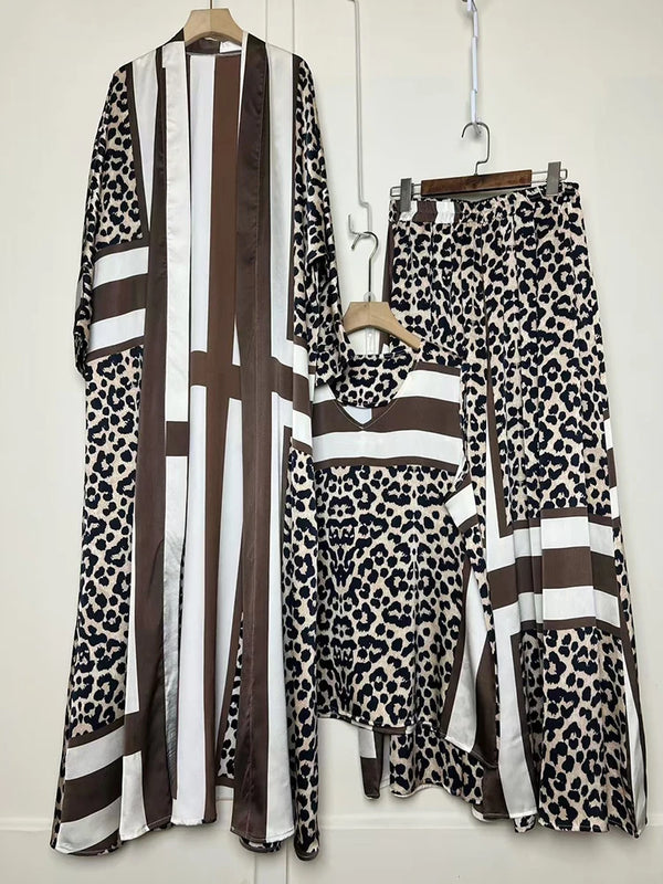 Design retro positioning printed long cardigan+vest three piece set for spring women's clothing+loose pants skirt fashion set
