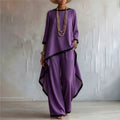 Women's Contrast Patchwork Two Piece Set Autumn O-neck Long Sleeve Irregular Extended Top + Wide Leg Pants Casual Matching Sets
