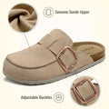 Crestar Women's Genuine Suede Clogs Outdoor Memory Foam Cork Footbed Leather Mules With Adjustable Buckle Lady Slip On Slippers