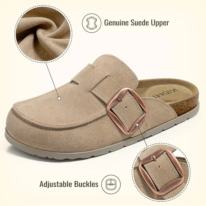 Crestar Women's Genuine Suede Clogs Outdoor Memory Foam Cork Footbed Leather Mules With Adjustable Buckle Lady Slip On Slippers