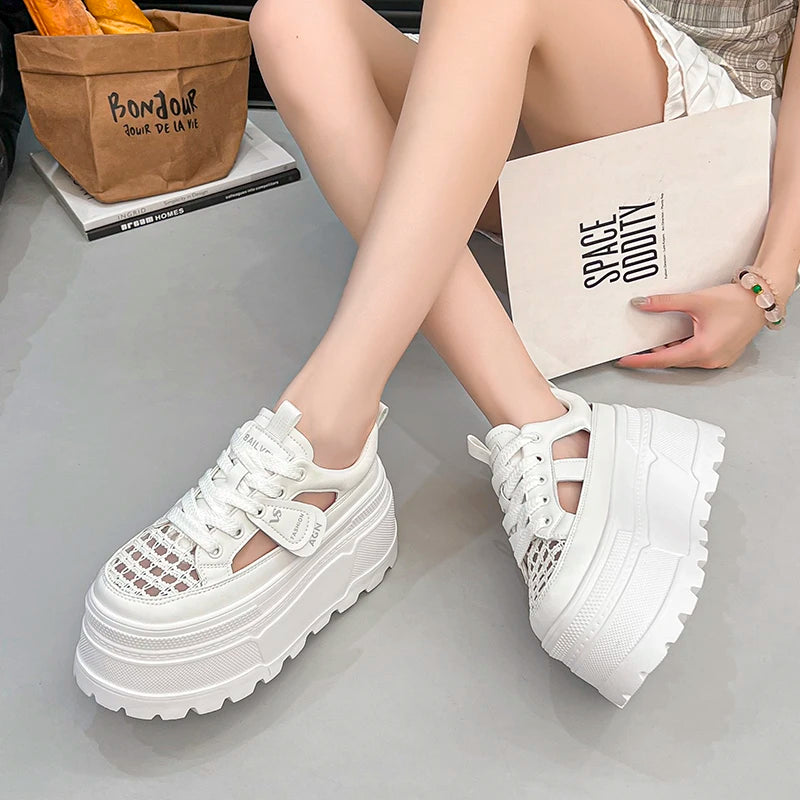 Women White Platform Sneakers Hollow Mesh Lace Up Height Increasing Casual Shoes Soft Thick Sole Daily Walking Sports Footwear