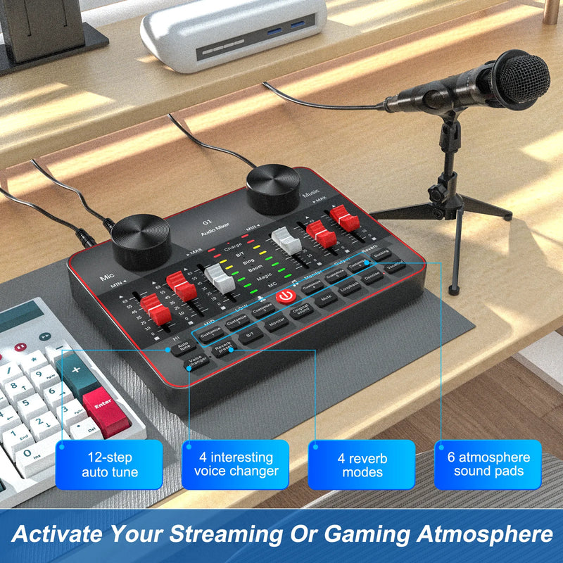 Tenlamp Podcast Equipment Bundle, All-in-One Audio Interface DJ Mixer with 2 Condenser Microphones, Recording Studio Kit Live Sound Card for Singing Broadcast, Live Streaming, Gaming for PC Smartphone Laptop Computer Vlog Rec
