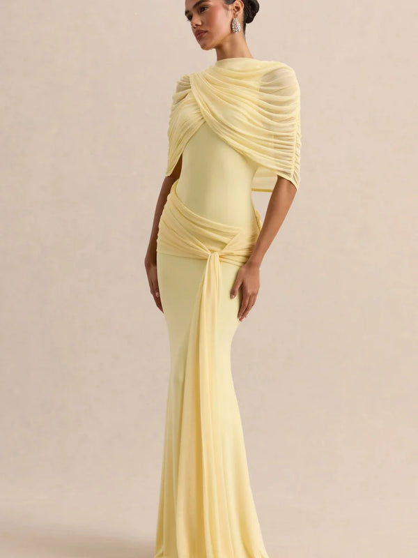 Elegant Mermaid Evening Dress Draped Detachable Cape | SAMAG