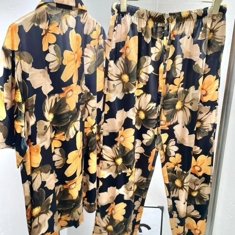 Men's Summer Ice Silk Hawaiian Floral Button-Up Short Sleeve Shirt Elastic Waistband Long Pants Comfy 2 Piece Set for Beach Suit