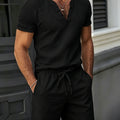 Men's Cotton Linen 2-Piece Set V-Neck Henley T-Shirt | SAMAG