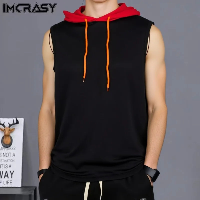 2025 Summer Men's Coat Sleeveless Vest Casual Hoodie Fitness Muscle Hooded Vest T-shirt Polyester Breathable Hip-hop Pullover ﻿
