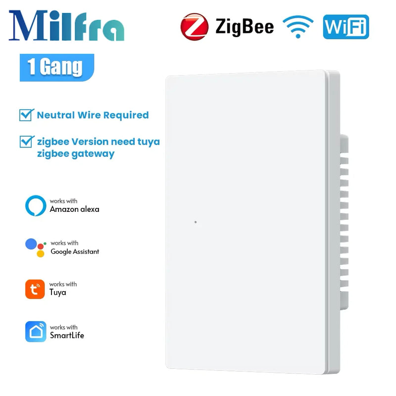 Milfra Zigbee WIFI Light Switch 1/2/3/4/6 Gang Smart Switch Voice Control Work With Alexa Google Home Tuya Control With Neutral
