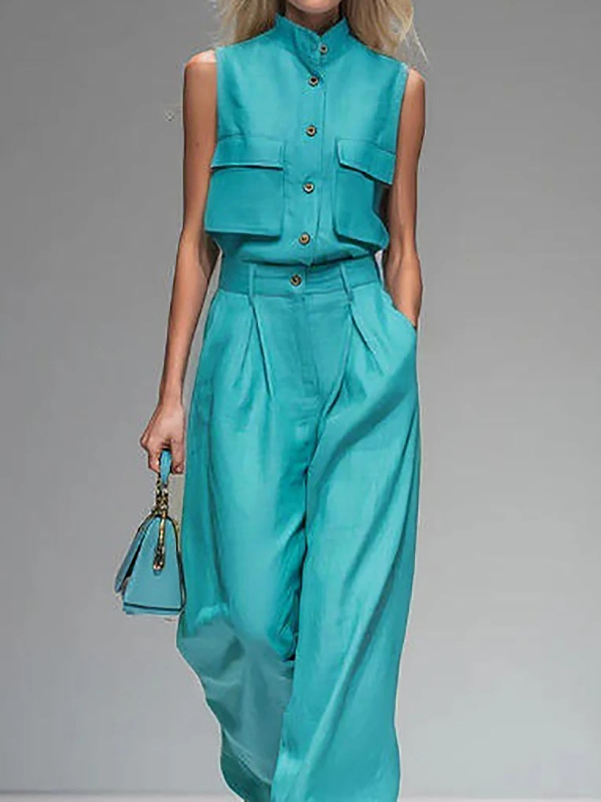 Women's Imitation linen Elegant Sleeveless Shirt Two Piece Outfit - Stand Collar Pocket Blouse High Waisted Wide Leg Pants Sets