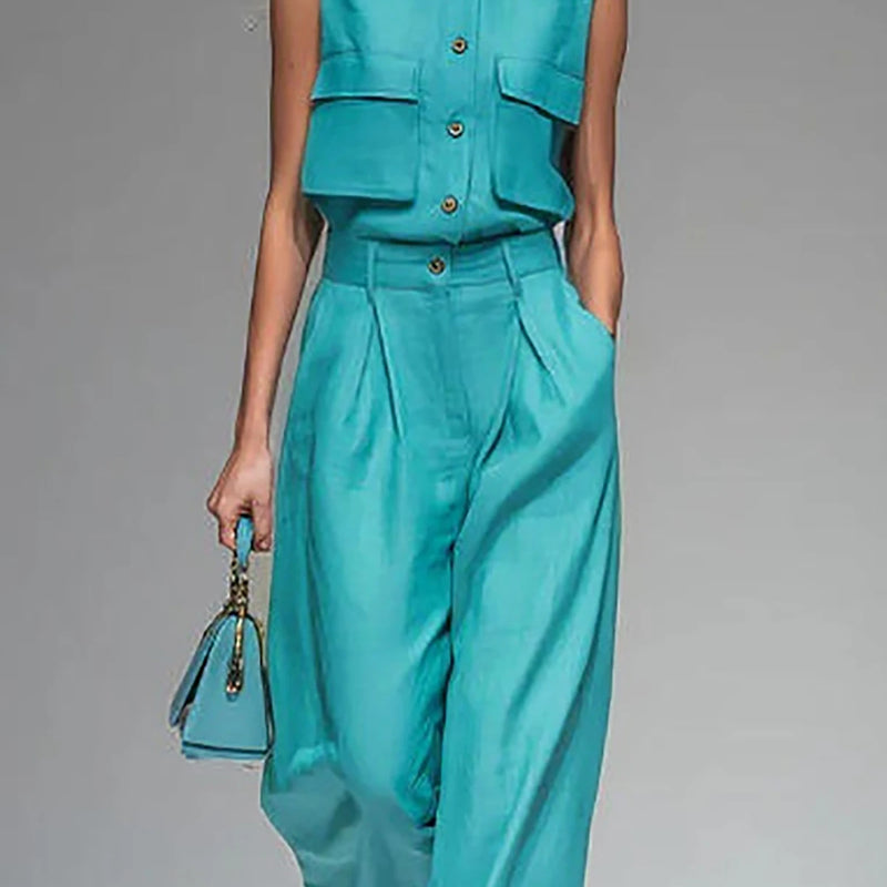 Women's Imitation linen Elegant Sleeveless Shirt Two Piece Outfit - Stand Collar Pocket Blouse High Waisted Wide Leg Pants Sets