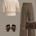 Women Lapel Cropped Button Front Shirt High Waist Wide Leg Trousers Two Piece Outfit Daily Commute Casual Wear