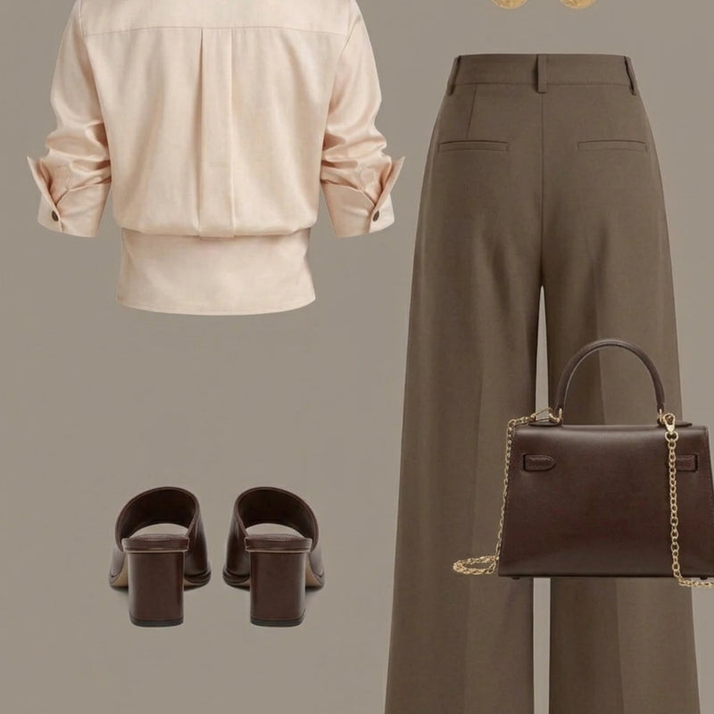 Women Lapel Cropped Button Front Shirt High Waist Wide Leg Trousers Two Piece Outfit Daily Commute Casual Wear