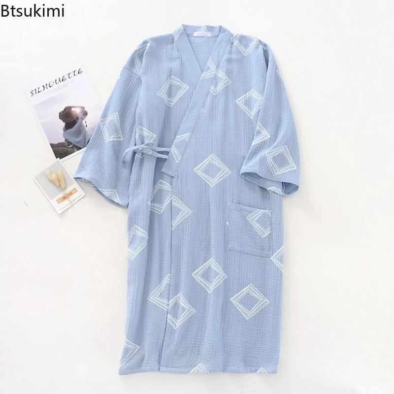 Men's Cotton Crepe Cloth Pajamas Robe Japanese Kimono Cardigan Sleepwear Print Homewear Two-layer Gauze Comfort Bathrobe for Men