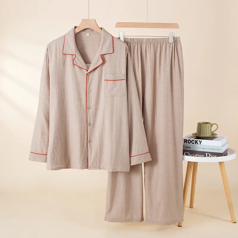 Sleepwear Summer Male Pajamas Set Man Pure Cotton Men's Pajama Set Long Sleeves Long Pants Home Wear Outside 2pcs Lounge