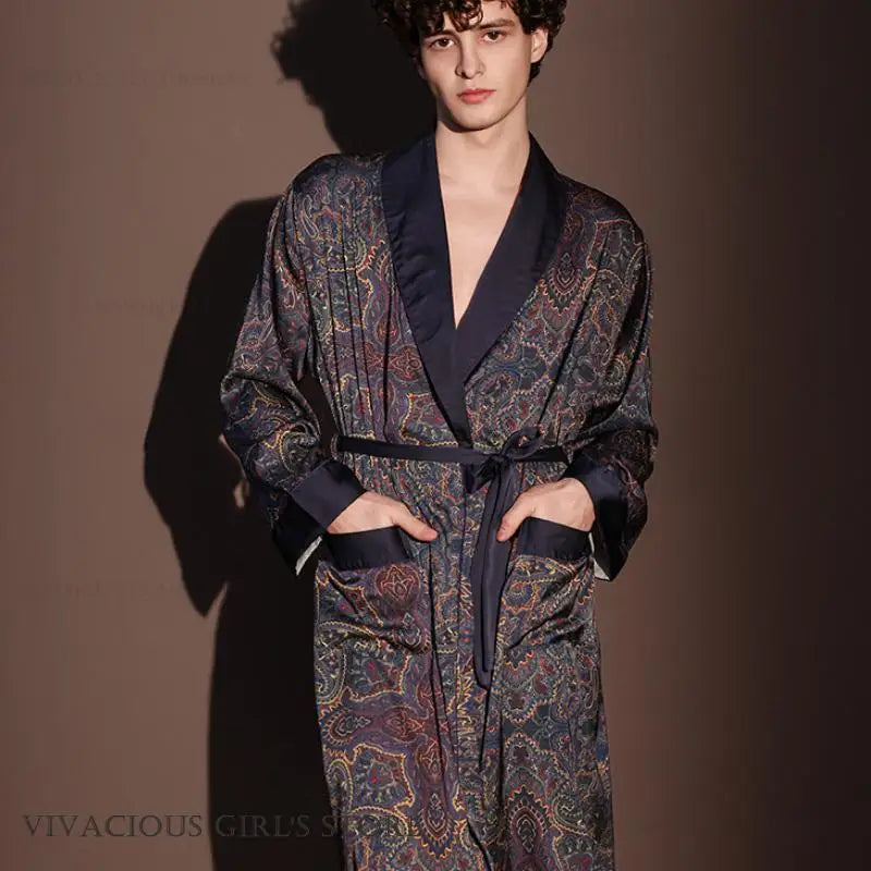 New Men's 3PCS Robe Sets Pajama Ice Silk Rayon Kimono Gown Bathrobe Loungewear Loose Print Home Clothes Nightwear Male Sleepwear