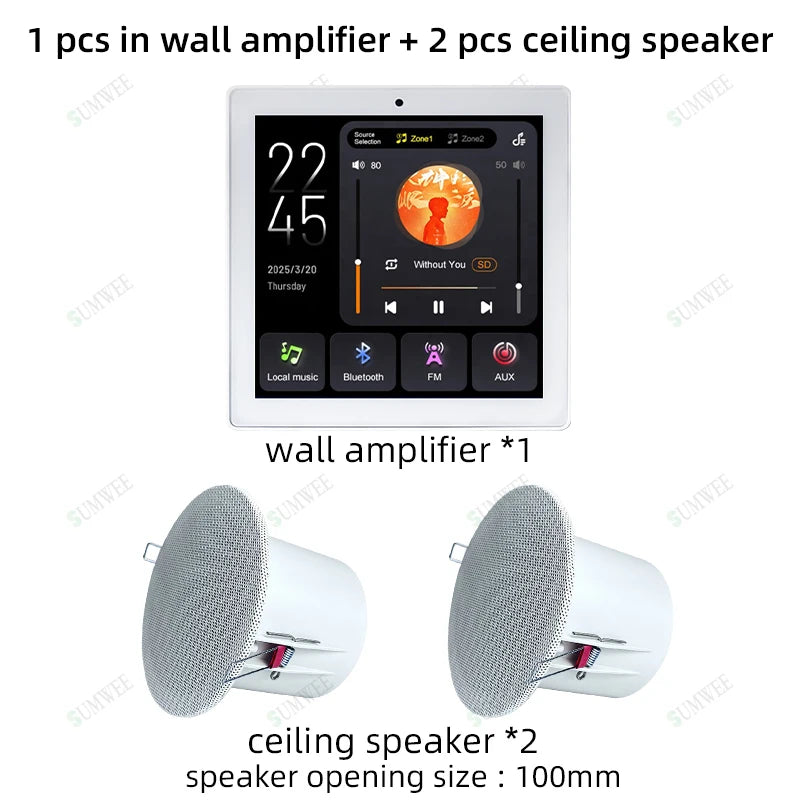 2 Zone Audio Volume Wall Amplifier Multilingual 4 Inch Touch Screen Bluetooths TF FM Sound Control Panel Ceiling Speakers System
