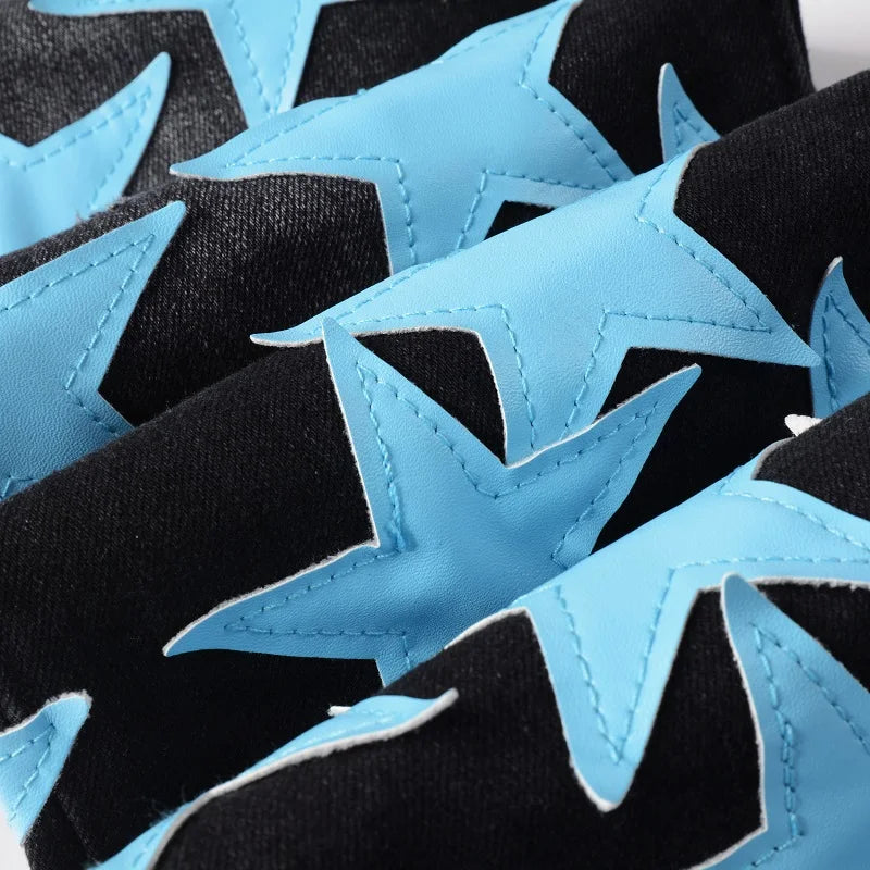 Men Sky Blue Leather Stars Patches Jeans Streetwear Black | SAMAG