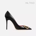 HLTINO Fashion Black Matte Finish High Heels with Buckle Women Classic Pumps Sexy Dress Shoes Party Stilettos for Spring Summer