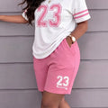 New Spring and Summer Women's Clothing: Casual Versatile Color-Blocked College-Style Round-Neck Number 23 Digital Print Short-Sleeve Top Paired with High-Waisted Loose Straight-Leg Shorts Two-Piece Set. T-Shirt and Color-Bloc