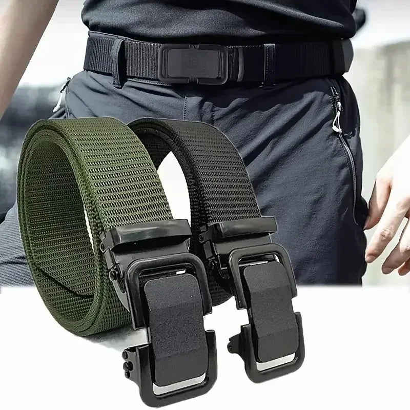 Men's Belt Automatic Metal Buckle Nylon Canvas Webbing Belt Outdoor Work Belt, Nylon Belt With Click Buckle YD614