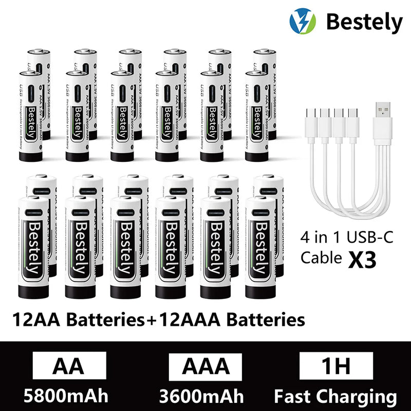 AA AAA Battery 1.5V 5800mAh and 3600mAh Lithium Rechargeable Batteries Fast Charging Li-ion Battery 2000 Cycles Type-C Cable