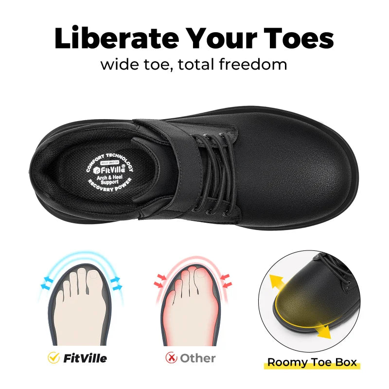 FitVille Men'S Diabetic Shoes Wide Width Leather Oxford Dress Walking Shoe Hook And Loop Orthopedic Sneakers For Swollen Foot
