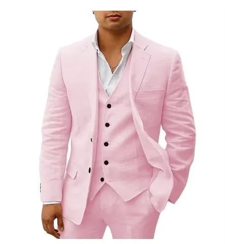 3 piece Linen Summer Men Suits for Wedding Groom Tuxedos 2026 Casual Beach Custom Man Suit Set Jacket Vest with Pants Man Fahion