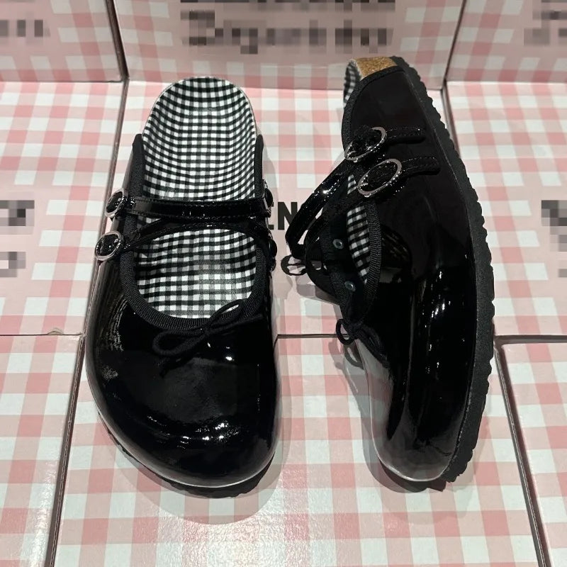 Women's Patent Leather Mary Jane Mules Buckle Bow Decor Slip on Flat Shoes Plaid Lining Casual Half Slippers Fashion  Footwear