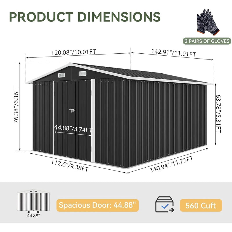 10x12 FT Metal Outdoor Storage Shed, Double Hinged Large | SAMAG