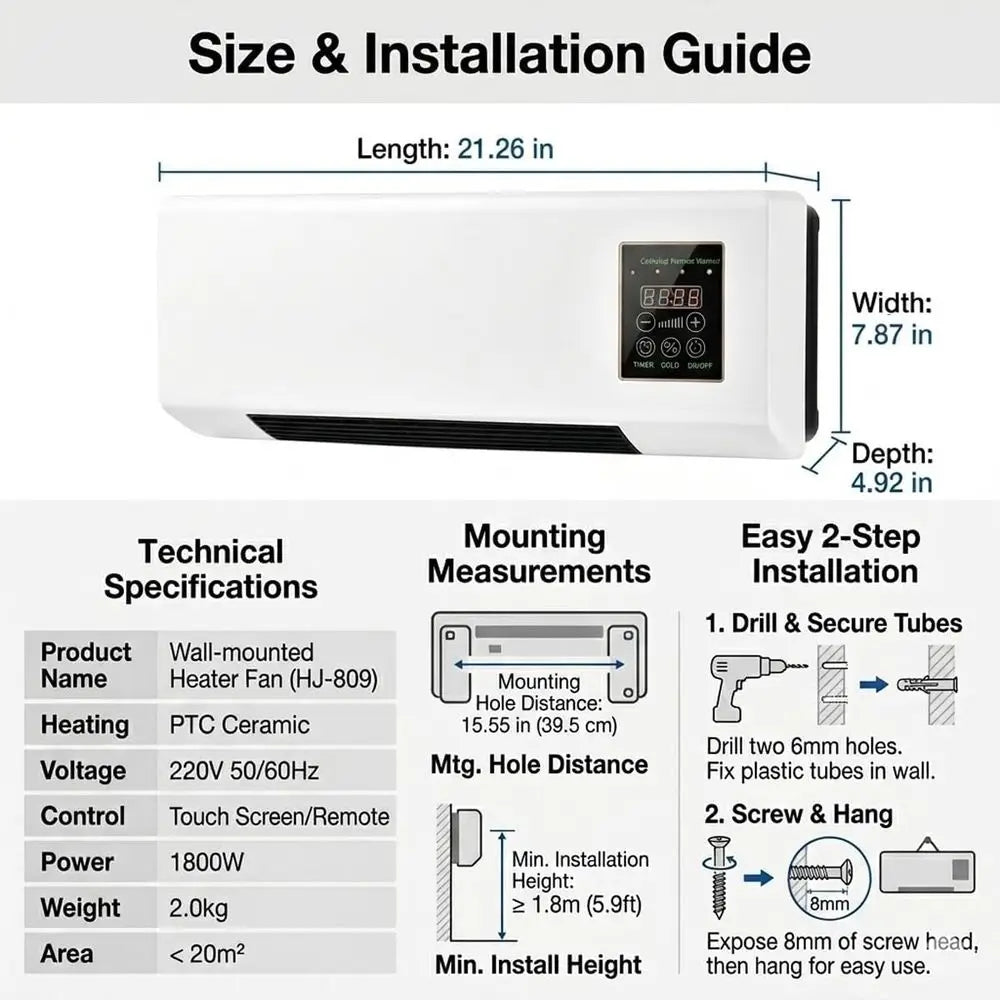 1800W 2-in-1 Wall-Mounted Air Conditioner: Portable Mini AC Unit for Heating & Cooling, Quiet Smart Room Heater with Remote and