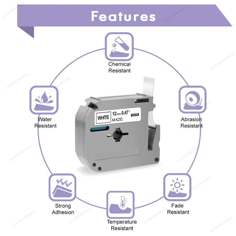 1/3/5Pack M-K231 M Tape Compatible for Brother P-Touch M231 MK231 MK-231 12mm Black on White for Brother PT70 PT80 Label Printer