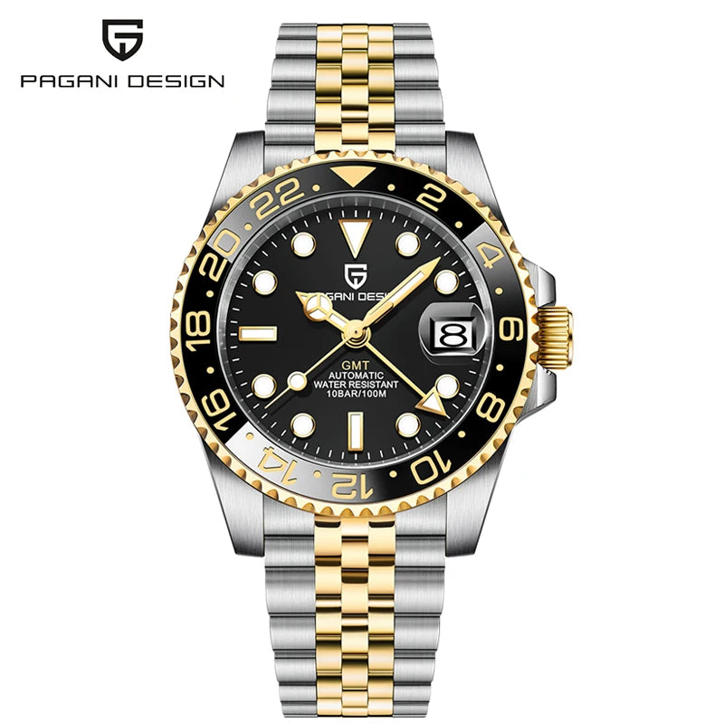 Top PAGANI DESIGN PD1662 Men GMT Automatic Mechanical Watch Black Ceramic Bezel Sapphire Glass 100M Waterproof Jubilee Stainless Steel Bracelet Sports Diver Wristwatch Reloj Hombre+gift box