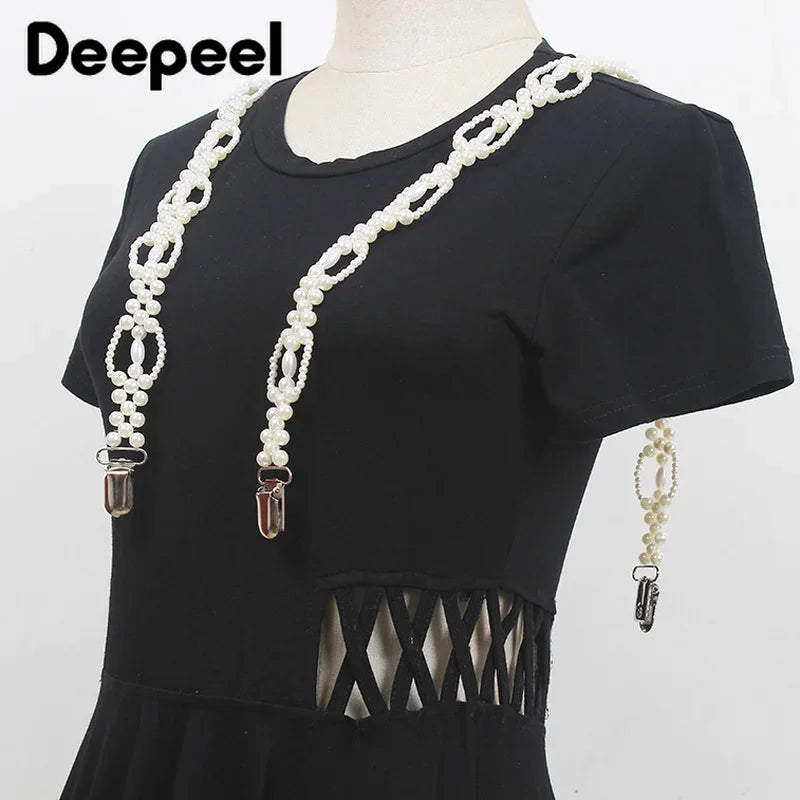 Deepeel New 1Pairs 69*2cm Fashion Pearl Chain Decoration Suspenders Adjustable Trouser Bead Strap Female Waist Corset Braces