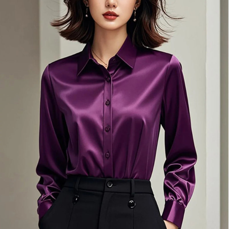 Ele Purple Silk Satin Long Sve Women's irt Profional Faionable Commuting Sle Autumn New Arrival Loose Fit Pol...