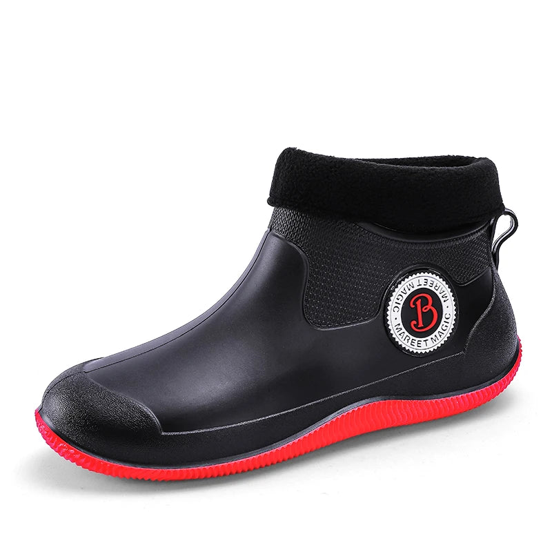 Men's Winter Fleece Lined Short Rain Boots Waterproof Non Slip Work Safety Rubber Boots Warm Cotton Shoes Kitchen Work Shoes