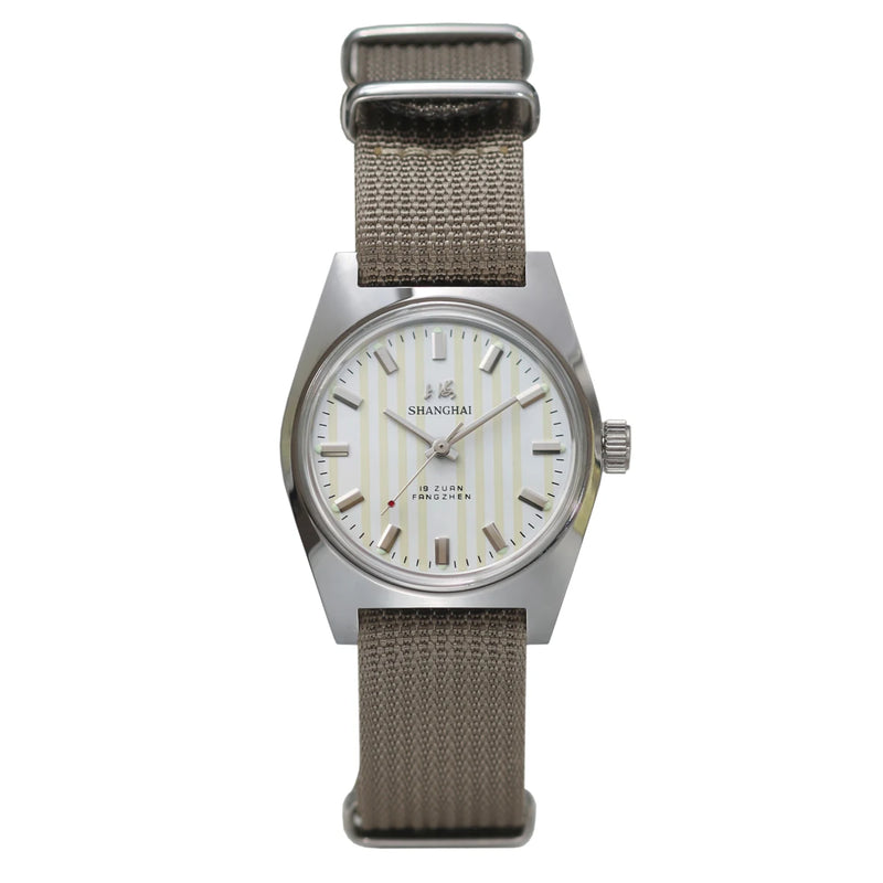 Vintage Shanghai Hand Wind Mechanical Watch  Simple Silver Case Black Leather Band Business Dress Wrist Watch