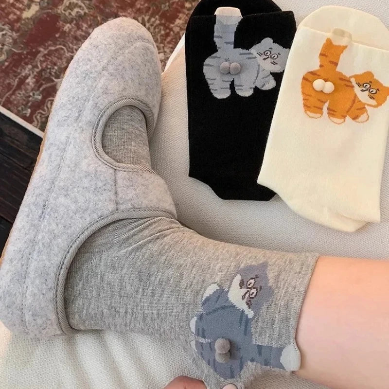 Cat Printed Three Dimensional Mid Tube Socks Sweat Absorbing Breathable Soft Casual Couples Socks for Men Women