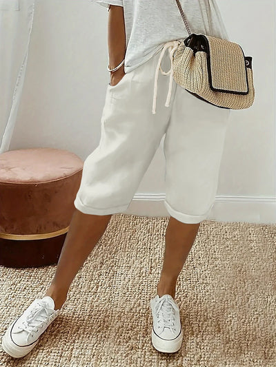 Women Summer Fashion Casual Solid Shorts Drawstring Elastic Waist Loose Cropped Pants Knee Length Capris Wide Leg | SAMAG
