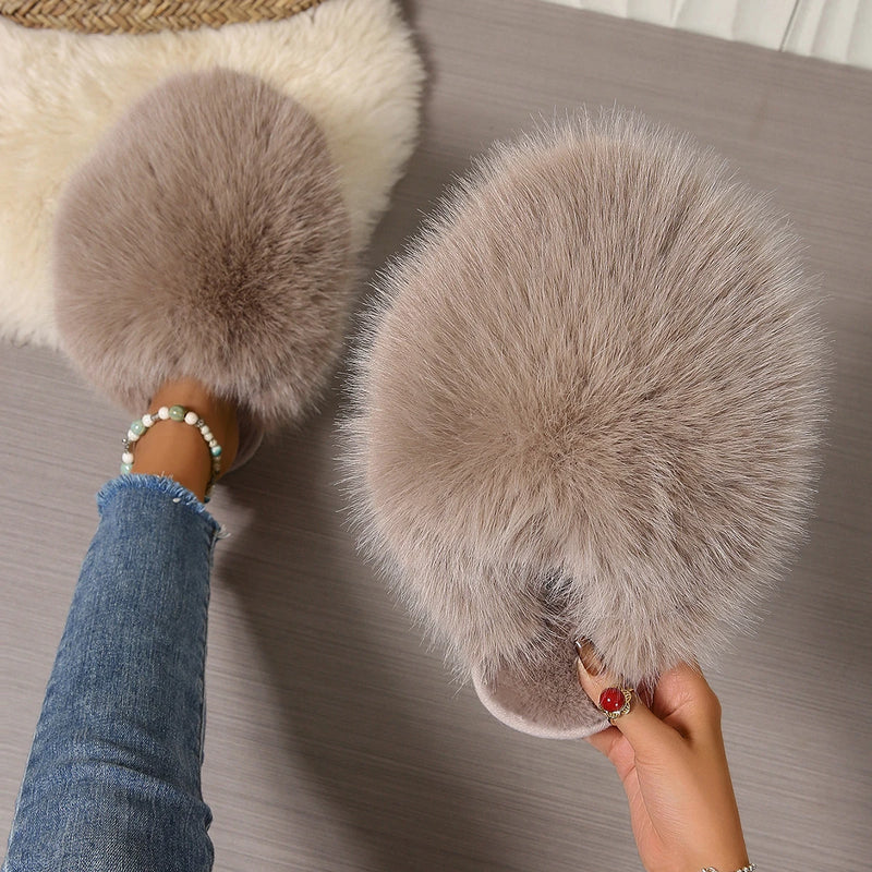 Women Indoor Slippers Winter Faux Fur Home Shoes Women 2025 New Soft Sole Fashion Warm Fluffy Slippers Solid Baotou Slides Women