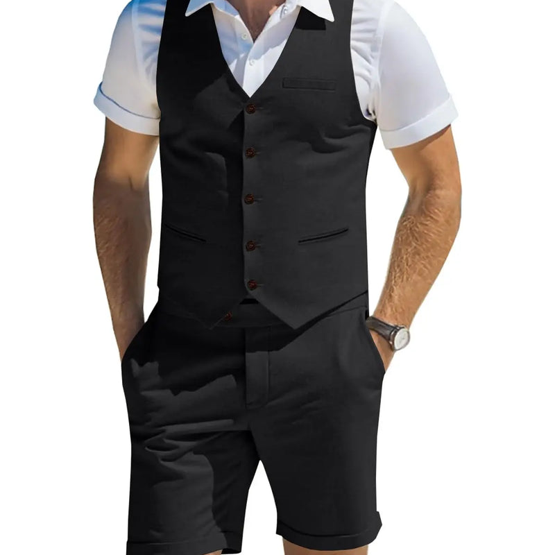 Men's Suit Linen 2 Piece Vests Short Pants Suits for Men Casual Summer Beach Groomsmen Wedding Waistcoat Set