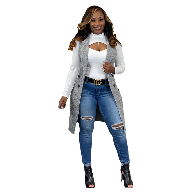 Women's Long Sleeveless Draped Open Front Sweater Vest Cardigan Side Pockets Button Daily Wear Going Out Date Draped Duster Vest