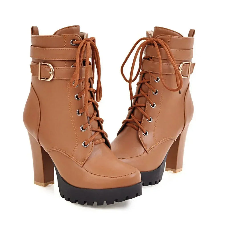 High Heels Women Ankle Boots Lace Up Fall Winter Platform Ladies Boots Large Size Fashion Shoes White Black Brown 2025
