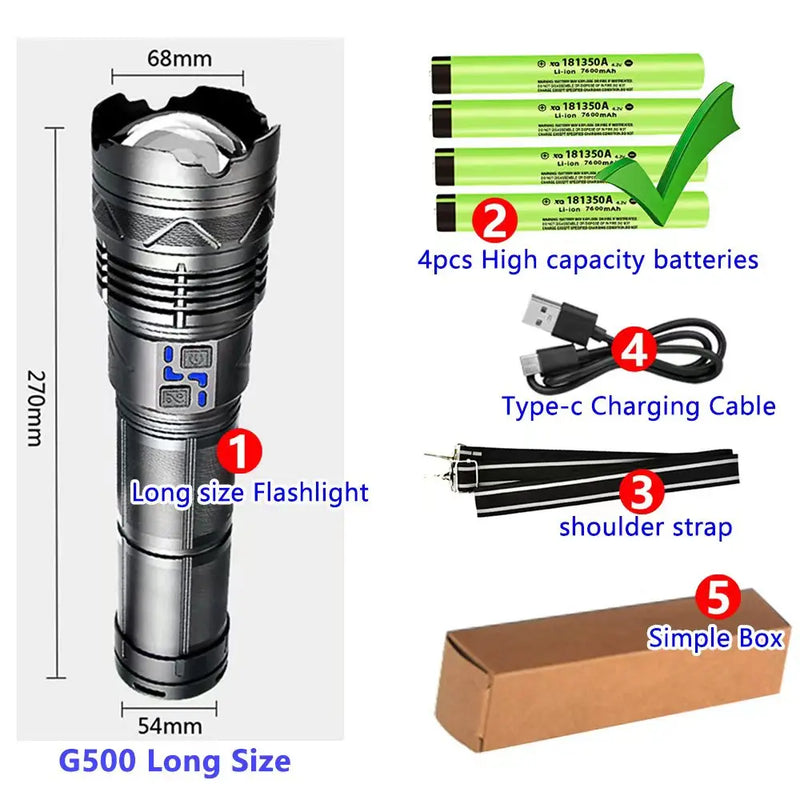 Powerful LED Flashlight Super Bright Spotlight Long Range Zoomable Lantern Emergency Torch Outdoor Tactical Lamp Power Display