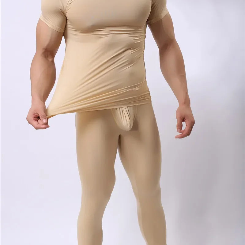 Warm Men Long Johns Ice Silky Ultra-Thin Thermal Underwear Men Underwear Long Johns Men Tops and Pants Set Long Johns Nightwear