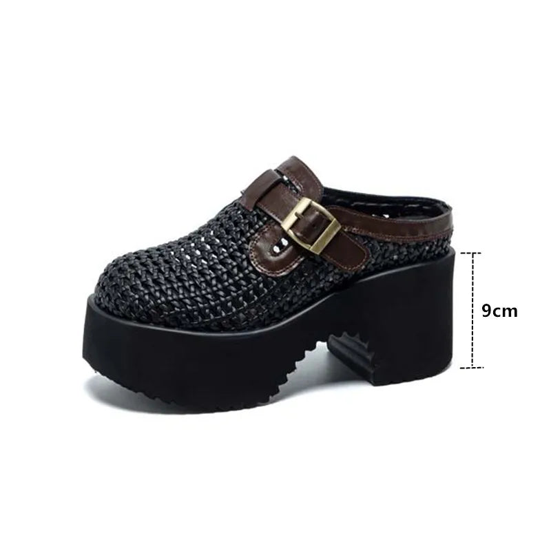 Women's Summer Slippers Mesh Holes 2026 New Women's Platform Mules 9cm High Heel  Woven Slippers Women