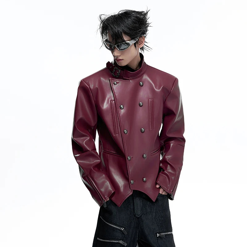 LUZHEN 2026 New Original Niche Design Double Breasted Stand Neck Leather Jacket Men's Fashion Handsome Cross Placket Coat JY6357