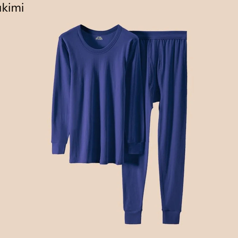 100% Pure Cotton Thermal Underwear Sets Autumn Winter Men's Solid O-neck Tops+Pants Underwear Two Piece Sets Men Long Johns Sets