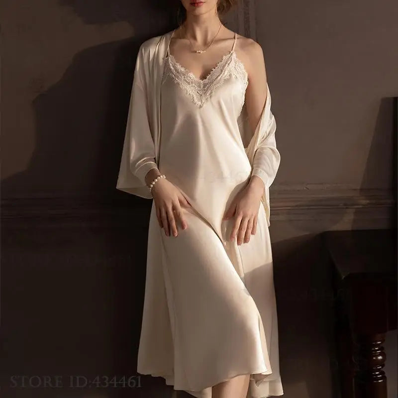Plus Size Long Robe Nightgown Set Pajama Elegant Kimono | SAMAG