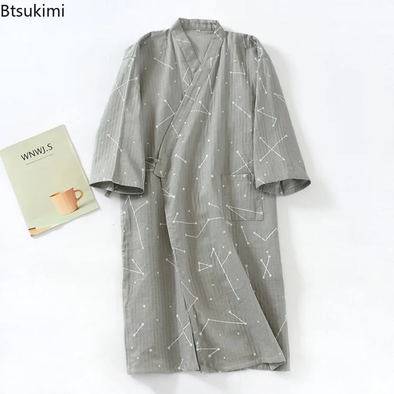 2026 New Men's 100% Cotton Gauze Bath Robes Loose Thin Japanese Kimono Pajamas for Men Casual Lace Up Bathrobes V-Neck Nightgown