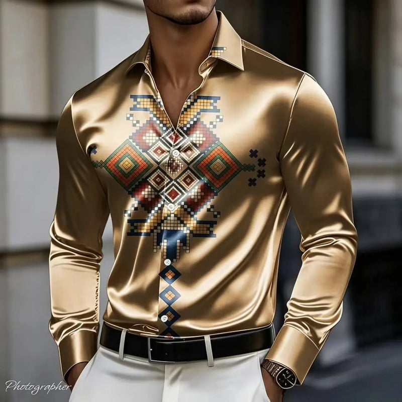Men's Retro Baroque Printed Satin Silk Shirt Long Sleeved | SAMAG